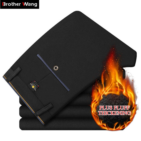 2020 Winter Men Warm Casual Pants Business Fashion Knitting Elasticity Slim Thick Trousers Male Brand Clothes